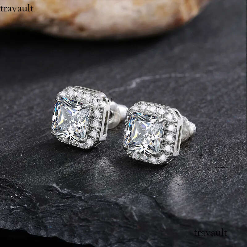 Handmade Sparkling Stud Earrings Jewelry Sterling Sier Princess Cut Emerald Zircon CZ Dia Party Elegant Women Wedding Earring Gift