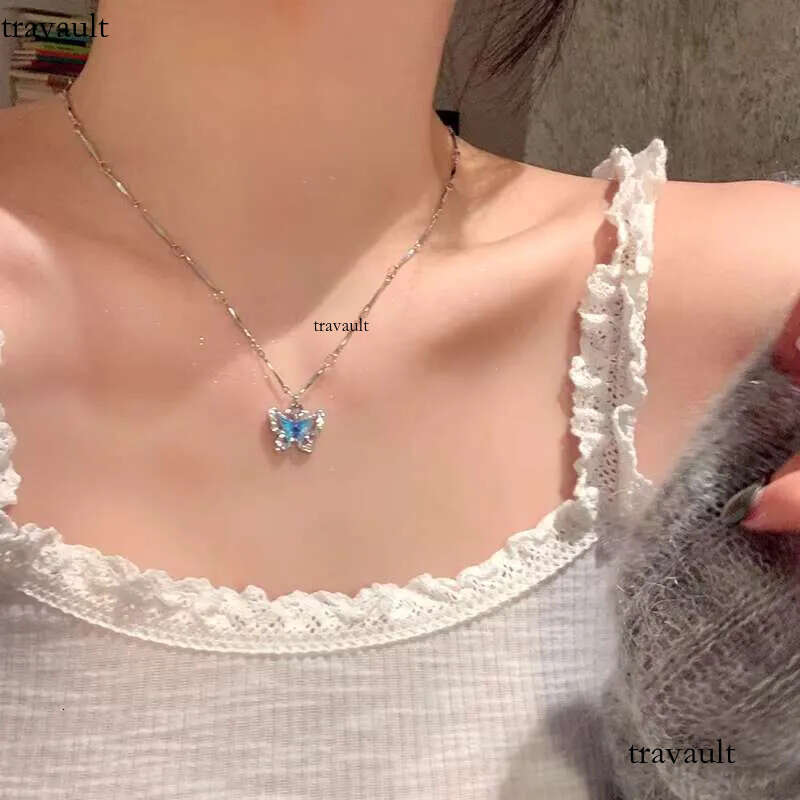 DHCollections Double Layer Wear Blue butterfly Zircon Necklace Light High Sense Clavicle Chain Fashion Design Niche Accessories