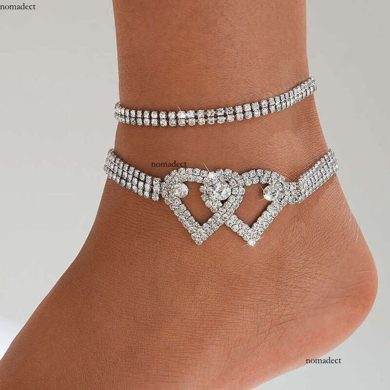 New fashion style exaggerated dia studded heart-shaped ankle chain two-piece set, light temperament foot accessories 66