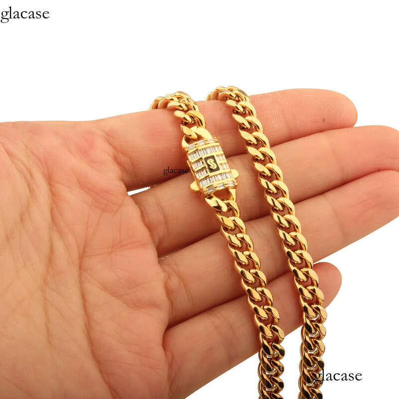 6mm-14mm Hip Hop Stainless Steel Miami Cuban Link Chain Real Gold Plated T Zircon Clasp Mens Necklace Jewelry 73