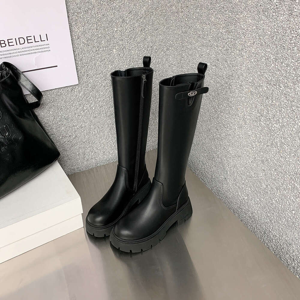 Shoes British Belt Buckle High Tube Knight Petite Thick Sole with Fleece Lining Chunky Heel Long Boots for Women Trendy