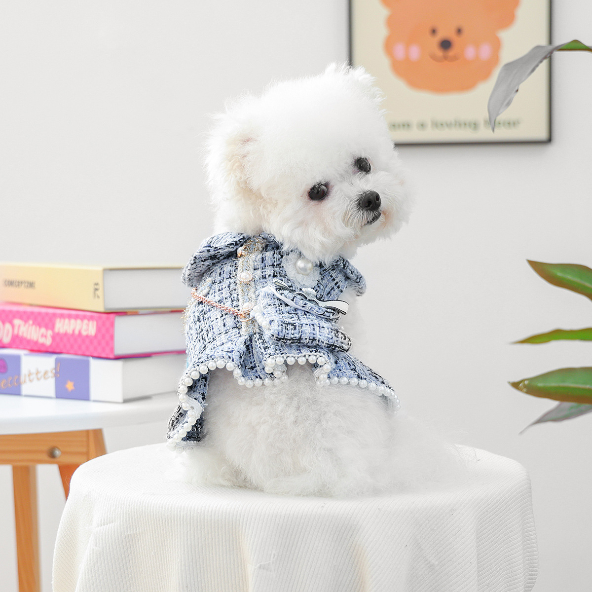 K3104 Pet dress with backpack, autumn and winter clothes for puppies and cats, can hold snacks and toys, small Chanel style imitation tweed fabric