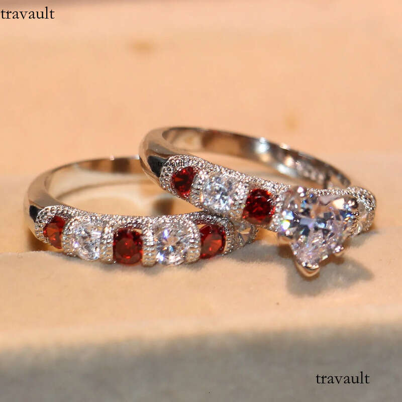 Drop Shipping High Quality Vintage Fashion Jewelry Sterling Sier Pear Cut Topaz&Ruby CZ Gemstones Women Wedding Bridal Heart Ring Set