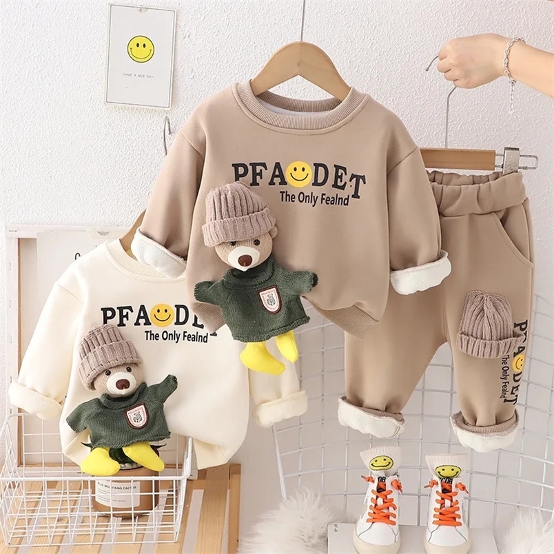 Autumn Winter Children Boy 2PCS Clothes Set Cartoon Doll Letter Cotton Pullovers Fleece Pant Baby Boy Outfits Kid Boy Suits 240117