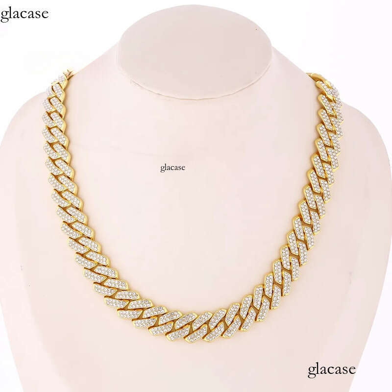 Custom Fashion Jewelry Gold Plated Alloy 14MM Chunky Full Dia Zircon Cuban Chain Link Necklace Women Men e2