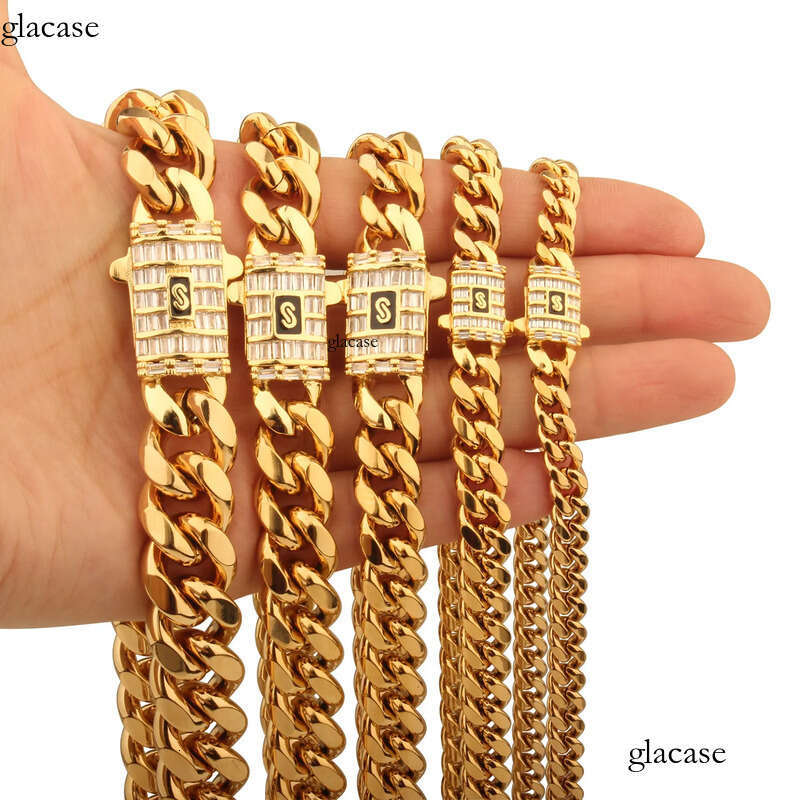 6mm-14mm Hip Hop Stainless Steel Miami Cuban Link Chain Real Gold Plated T Zircon Clasp Mens Necklace Jewelry 73