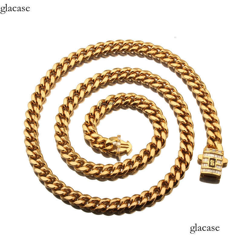 6mm-14mm Hip Hop Stainless Steel Miami Cuban Link Chain Real Gold Plated T Zircon Clasp Mens Necklace Jewelry 73