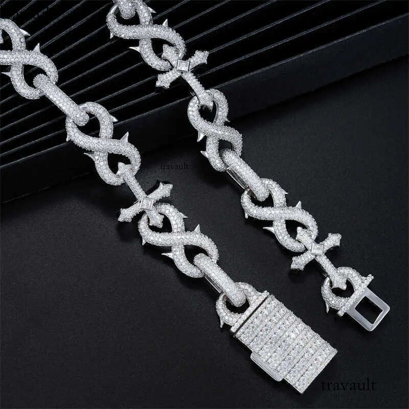 Hiphop16mm Sier Inlaid Mosan Full Cuban Chain Men's Dense Dia 8-line Hip Hop Necklace Bracelet