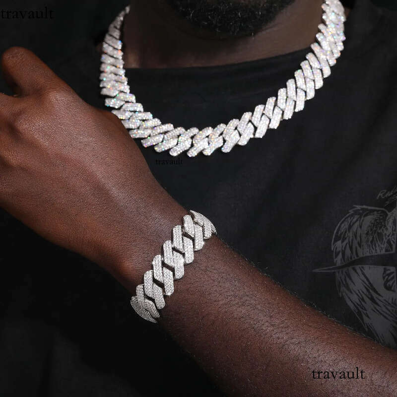 Cuban Link Chain Designer For Men 20MM W 3 Row Bling Dia Necklace Prong Bracelet Rapper Hip Hop Thicker Gold Plated Jewelry Woman Christmas Gift