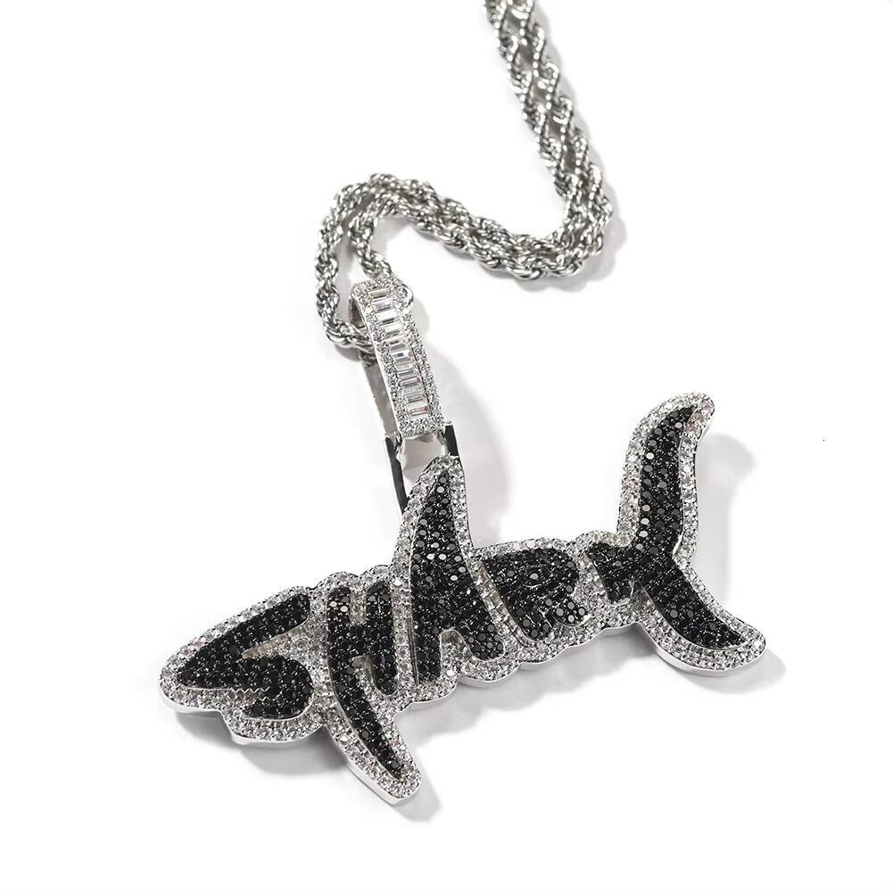Fashionable personalized double-color micro-set diamond ice species shark letter hip-hop S925 necklace pendant jewelry