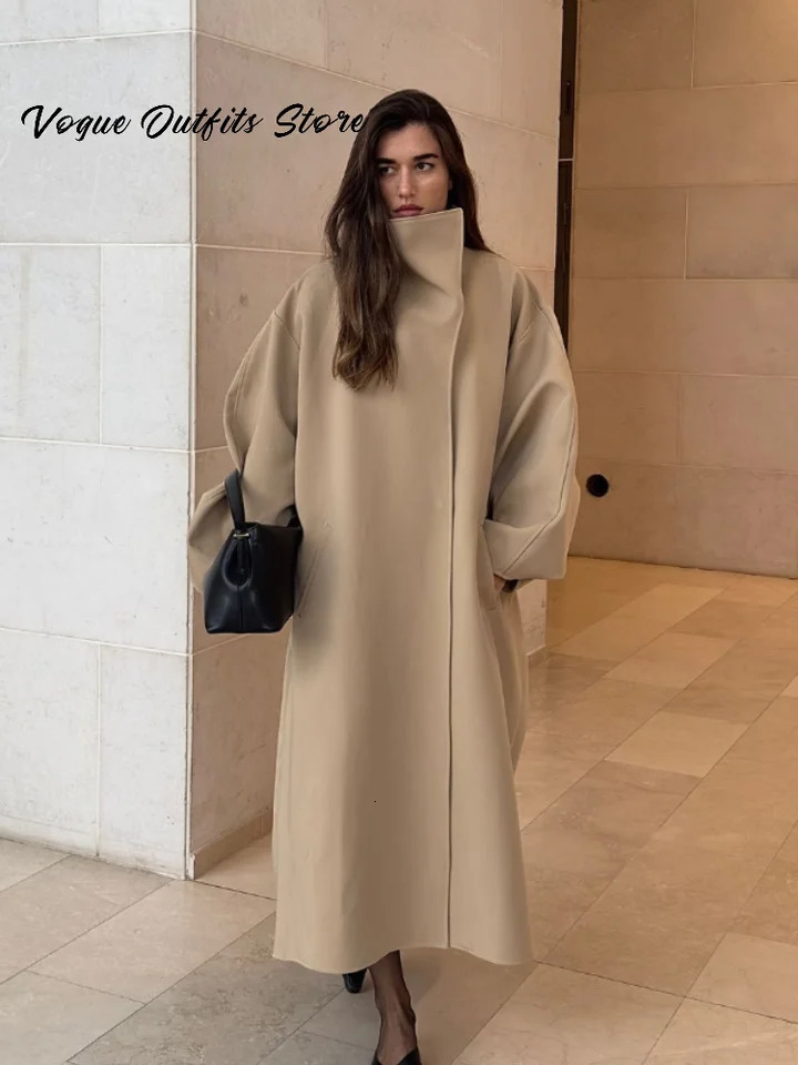 Chic Stand Collar Long Woolen Coat Women Puff Sleeve Single Breasted Loose Warm Overcoat 2025 Autumn Winter Lady Outwear 251030