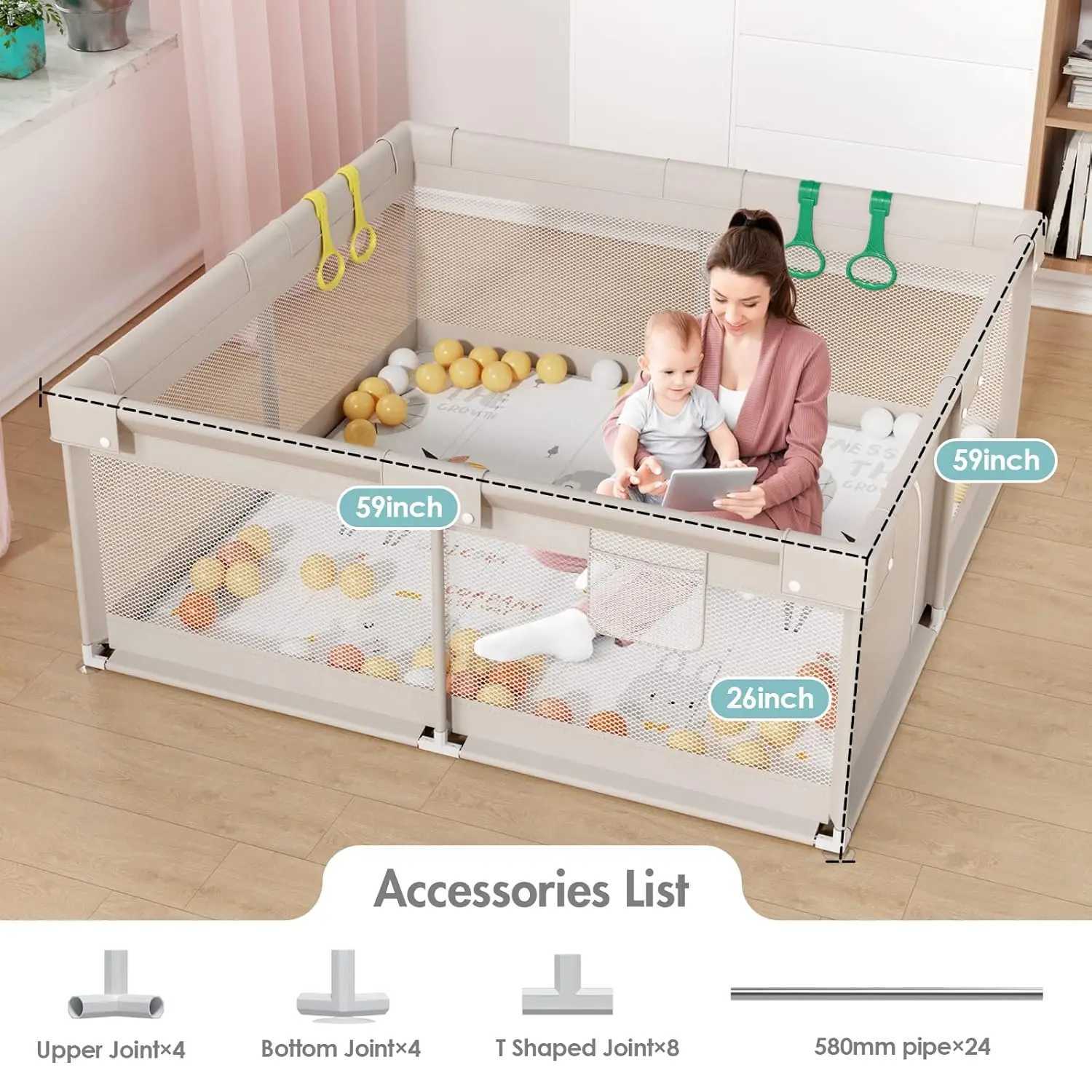 Baby Playpen with Mat 59x59 in Playpen for Babies and Toddlers Play Pen for Kids Play Yard for Infants with Gate C250929