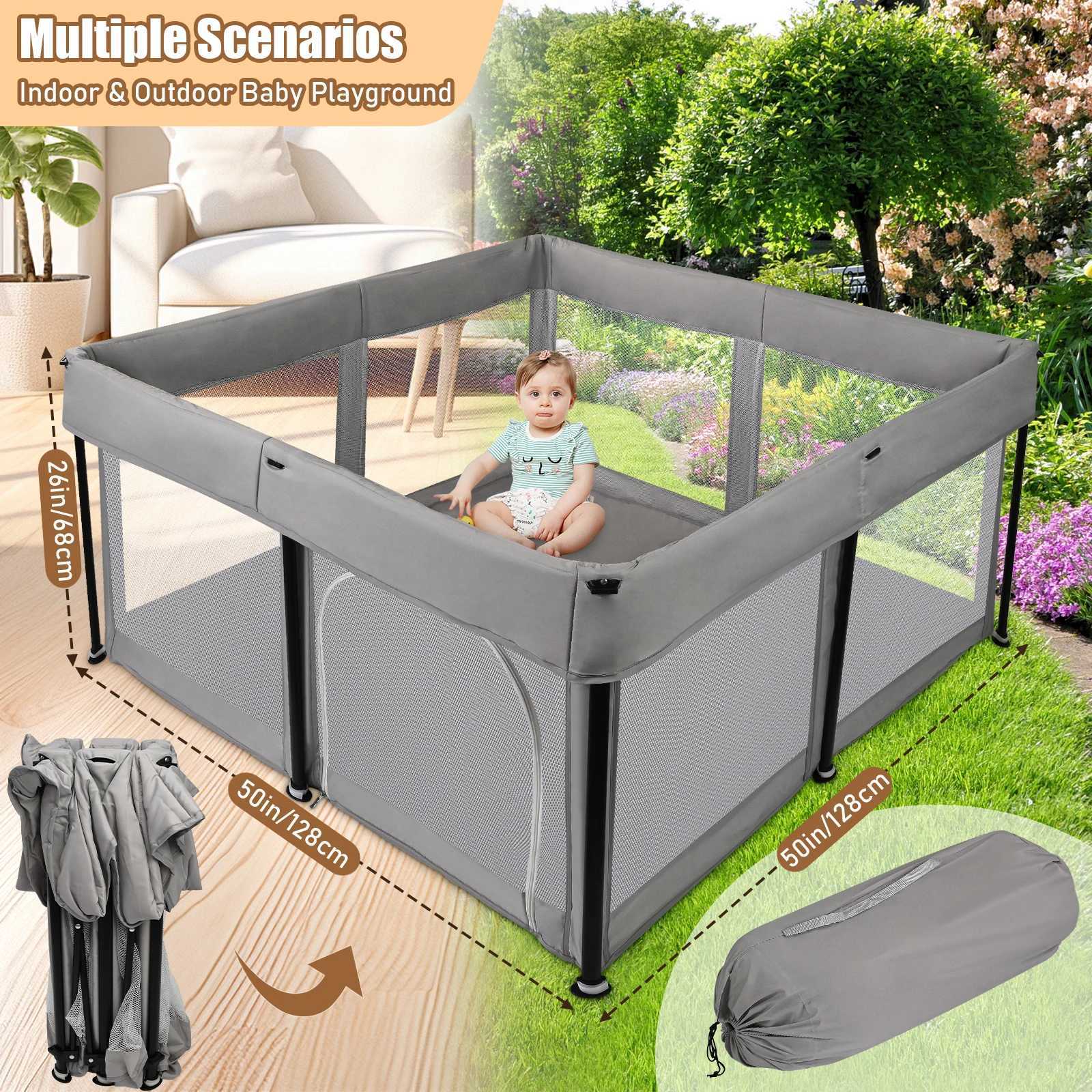 Foldable Baby Playpen with Mat 50 x 50 Inch Portable Sturdy Safe Baby Fence with Visible Breathable Mesh Zipper Door Storag C250929