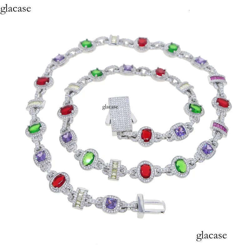 10mm Hip Hop Colorful Gemstone Tennis Necklaces Jewelry Men Women Choker Clavicle Chain 2c