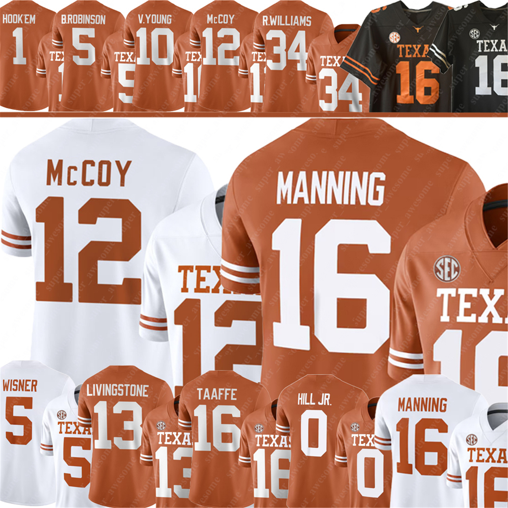 Texas Football Jersey 16 Manning CJ Baxter Parker Livingstone Ryan Wingo Anthony Hill Jr Michael Taaffe Wisner Shipley Vince Young Williams McCoy Charles 1 HOOK 'EM