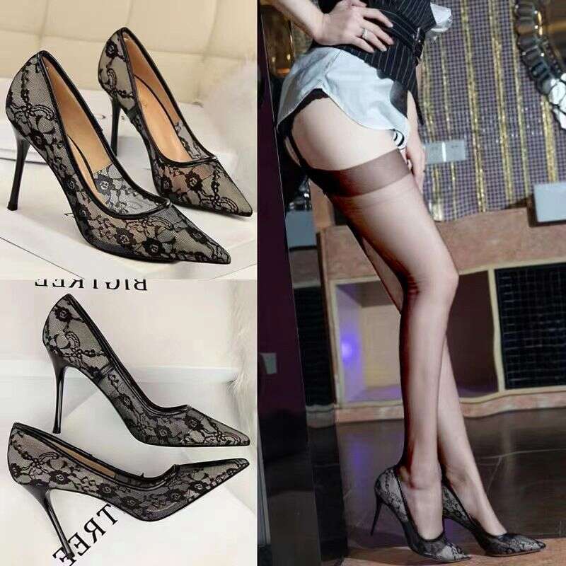 Mesh High Heels 2025 New Designer Shoe Niche Socialite Elegant Black Lace Stiletto Pointed Toe Single Shoes for Women