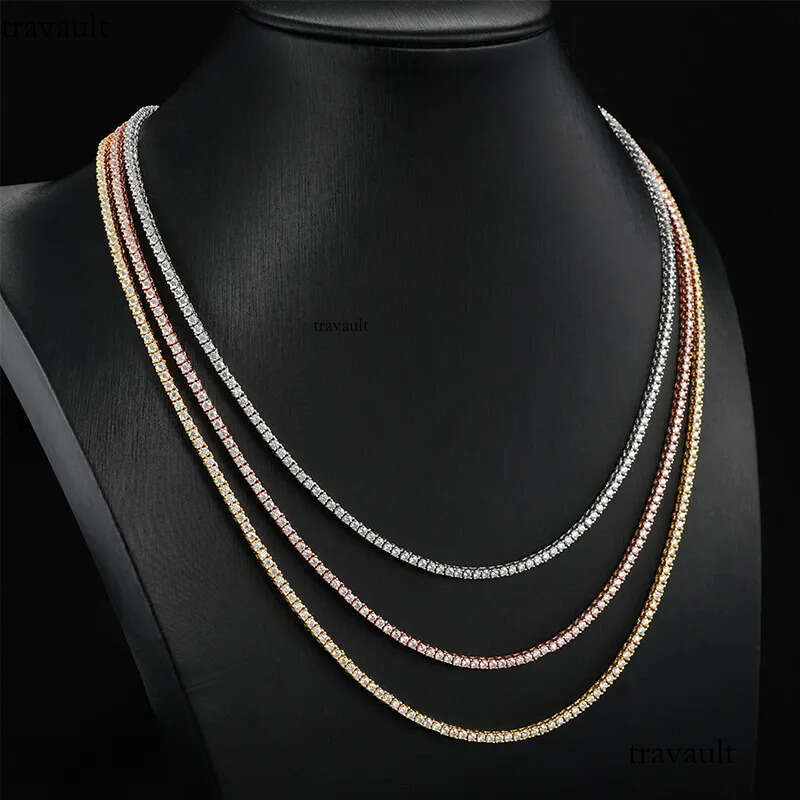 Pass Dia Tester VVS1 D Color Moissanite Chain For Women 2MM Wide Solid Sier Tennis Necklace Hip Hop Designer Jewelry Woman Valentines Day Christmas Gi