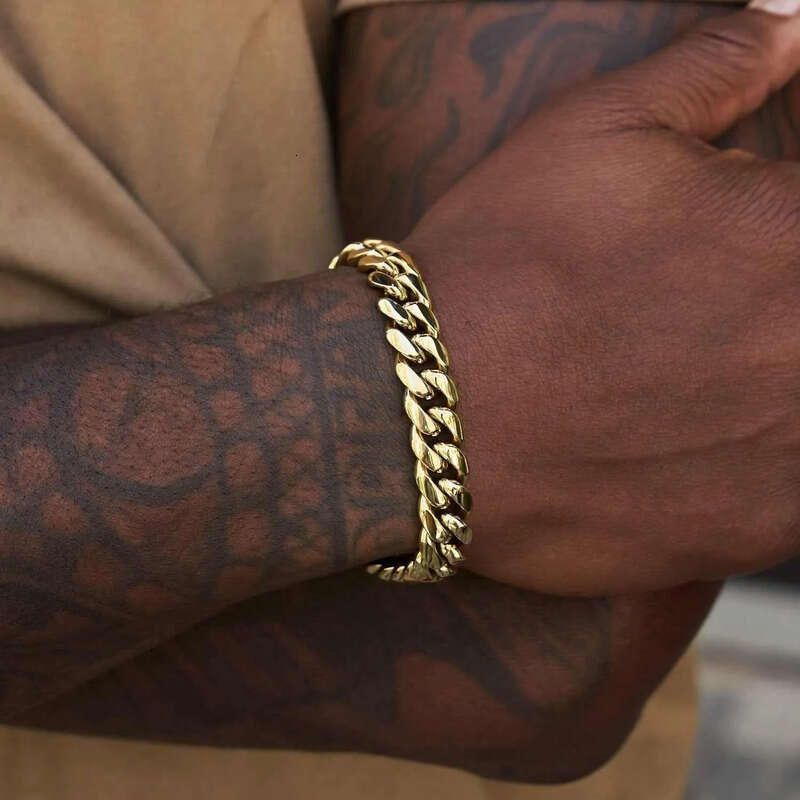 piece/sets 2 Hip Hop Miami Titanium Steel Mens Necklace Bracelet Set with Zircon Spring Buckle Cuban Link Gold Chain Popular Jewelry chains Necklaces