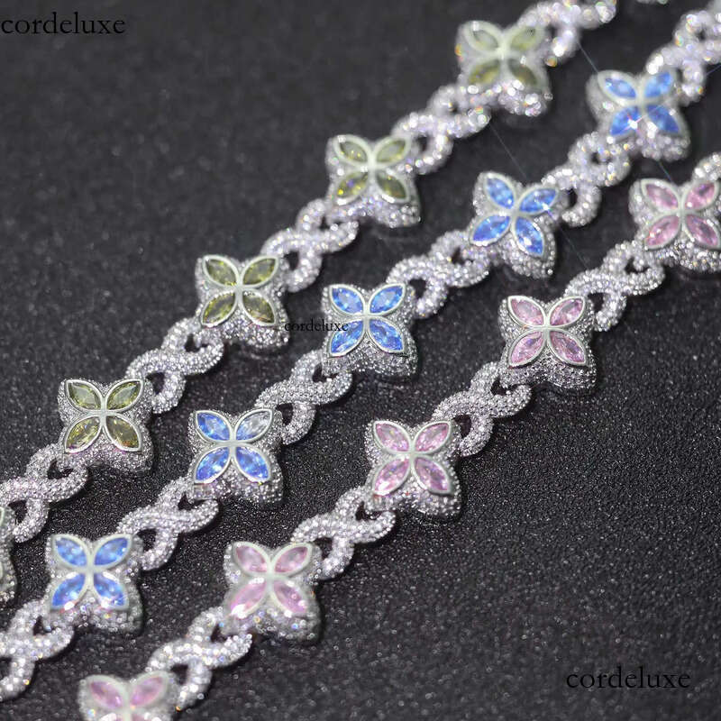 New Style 8mm Hip-Hop Jewelry Colorful Four Leaf Clover Sier Plated Brass 5A Moissanite Cuban Chain Bracelet for Women 14