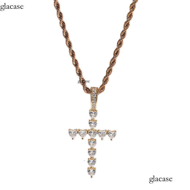 Hip Hop Fashion Charm Heart Shape Zircon Cross Pendant Necklace Crystal Real Gold Plated Women Men Religion Jewelry d6