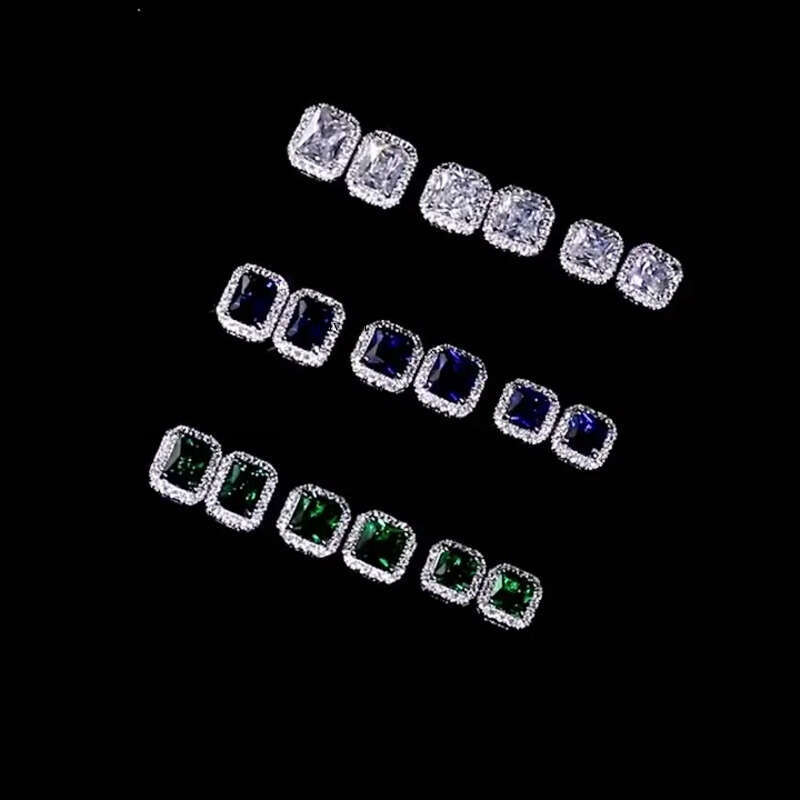 Handmade Sparkling Stud Earrings Jewelry Sterling Sier Princess Cut Emerald Zircon CZ Dia Party Elegant Women Wedding Earring Gift