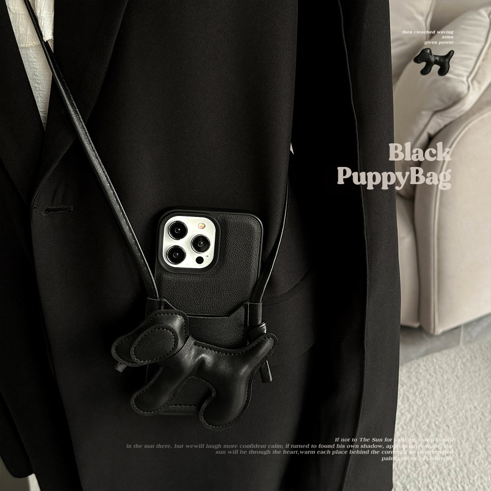 Luxury Korean Crossbody Lanyard Necklace Dog Puppy Card Holder Black Case for IPhone 17 16 15 14 13 12 Pro Max Shockproof Cover
