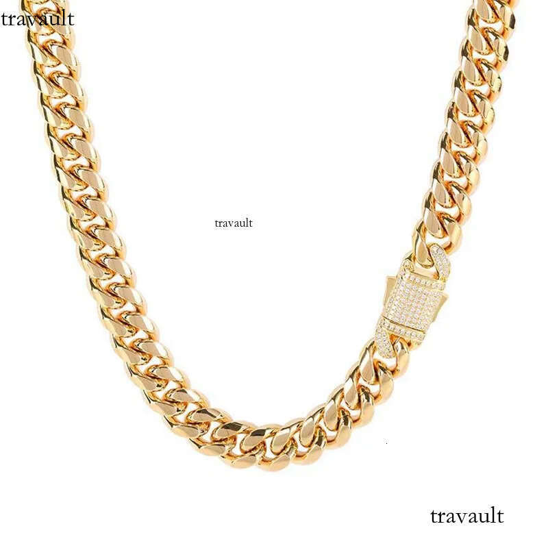 10/12MM Titanium Steel Plated Gold Miami Cuban Link Chain Mens Necklace Inlaid CZ Dia In Spring Buckle Personalized chains Hip Hop Designer Jewelry Gi