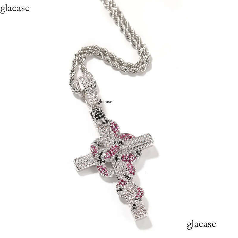 Hip Hop Colorful Snake Cross Pendant Necklace TopBling Full Cubic Zirconia Religious Jewelry 1b