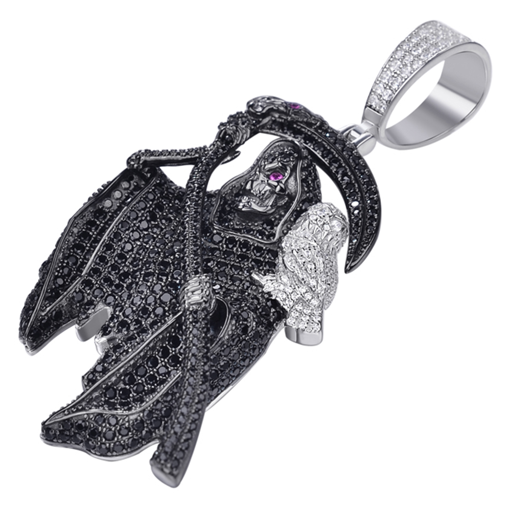 Hiphop 925 Silver Black VVS Moissanite Cz Diamonds Two Tone Plated Santa Muerte Grim Reaper Death Pendant in Mexico