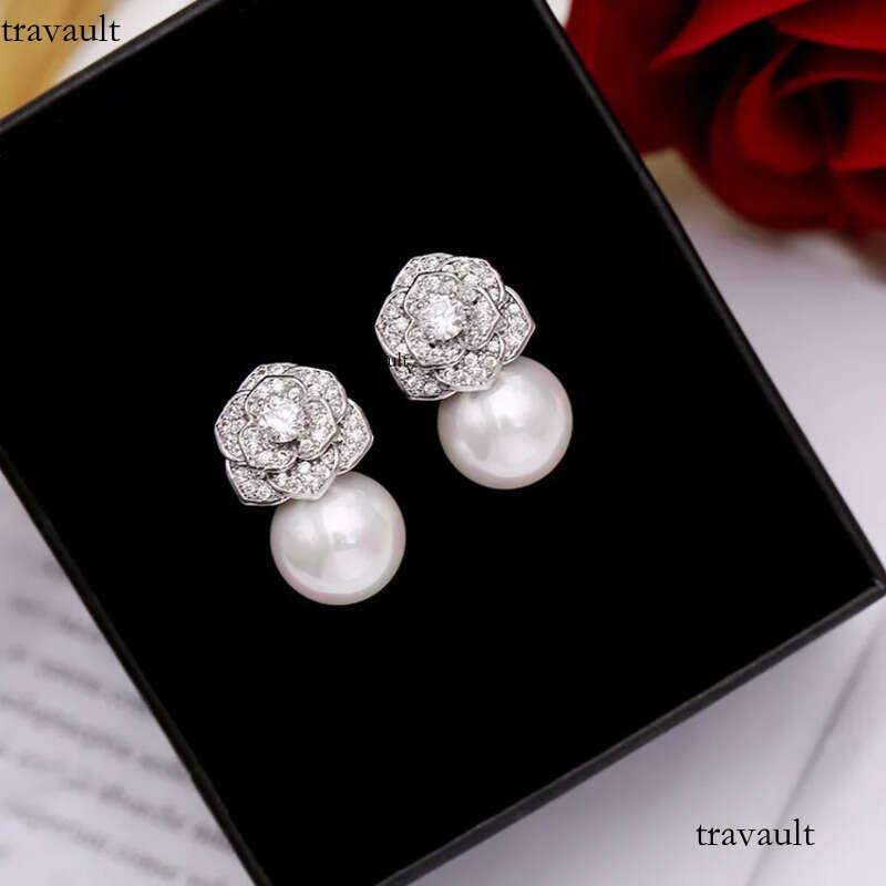 Elegant Freshwater Camellia Flower Earrings for Women Dia Zircon Stud Ball Pearl Earring Fashion Wedding Jewelry Nice Gift