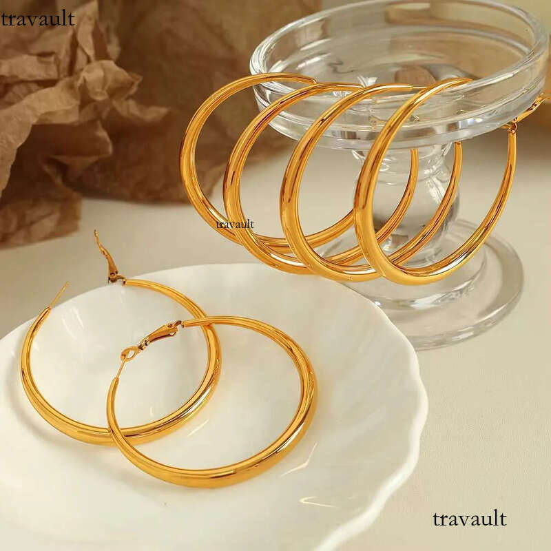 DHcollection Oudiya Jewelry EH02 Thick Large Gold Plated Earrings, New Plain Round Earrings