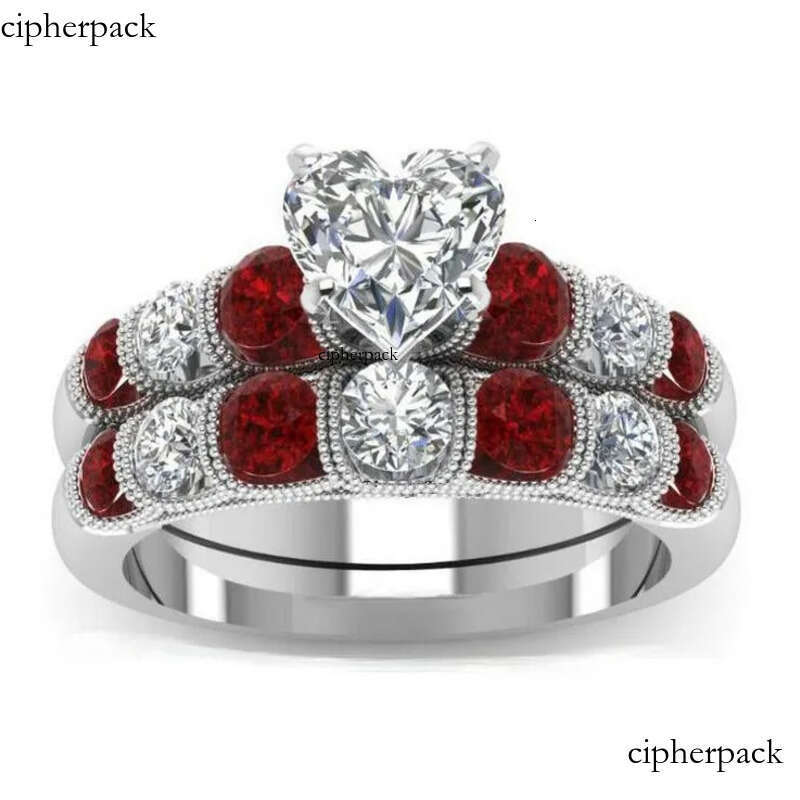 Drop Shipping High Quality Vintage Fashion Jewelry Sterling Sier Pear Cut Topaz&Ruby CZ Gemstones Women Wedding Bridal Heart Ring Set 37