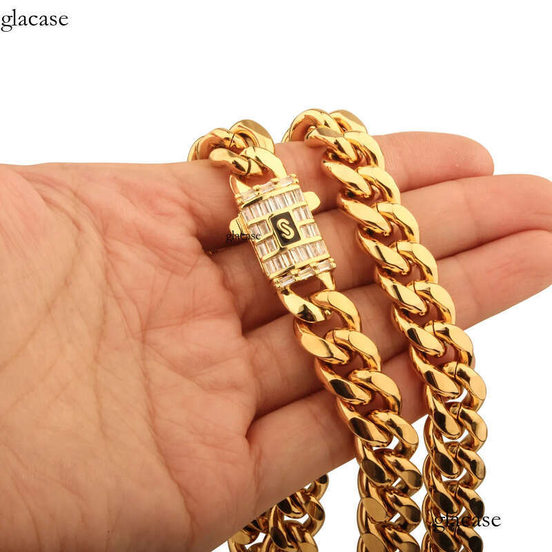 6mm-14mm Hip Hop Stainless Steel Miami Cuban Link Chain Real Gold Plated T Zircon Clasp Mens Necklace Jewelry 73