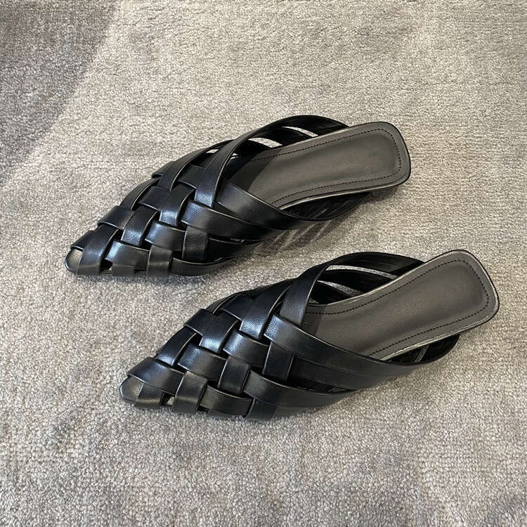 Instant Dispatch Genuine Designer Shoe Leather Pointed Closed Toe Hollow Woven Half Slippers Women Flat Mules Sandals