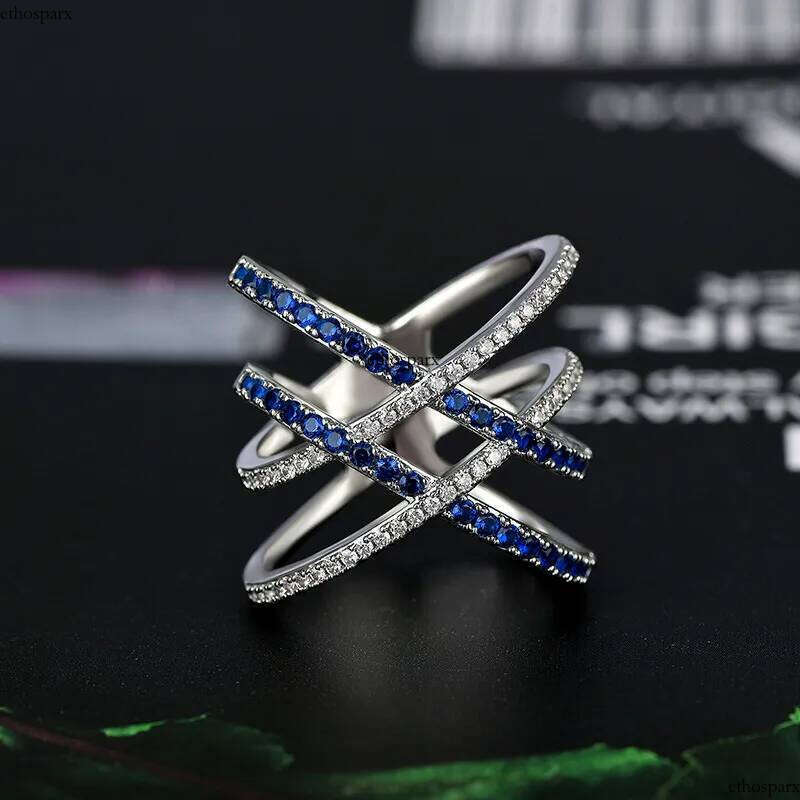 2024 Drop Ship Ins Wedding Rings Jewelry Sterling Sier Bue Sapphire CZ Dia Gemstones Party Eternity Women Engagement Cross Ring For Lover Gift