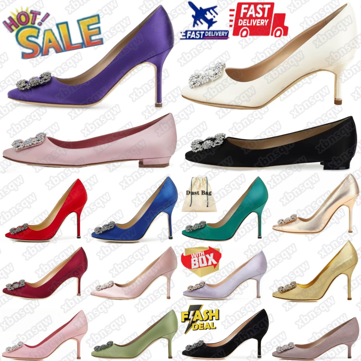 Hangisi talons chaussures Designer High Heel Femmes pointues Toe Satin en cuir en cuir Boucle Lady Pumps Womens Weuding Blanc Black Rose Blue Pur