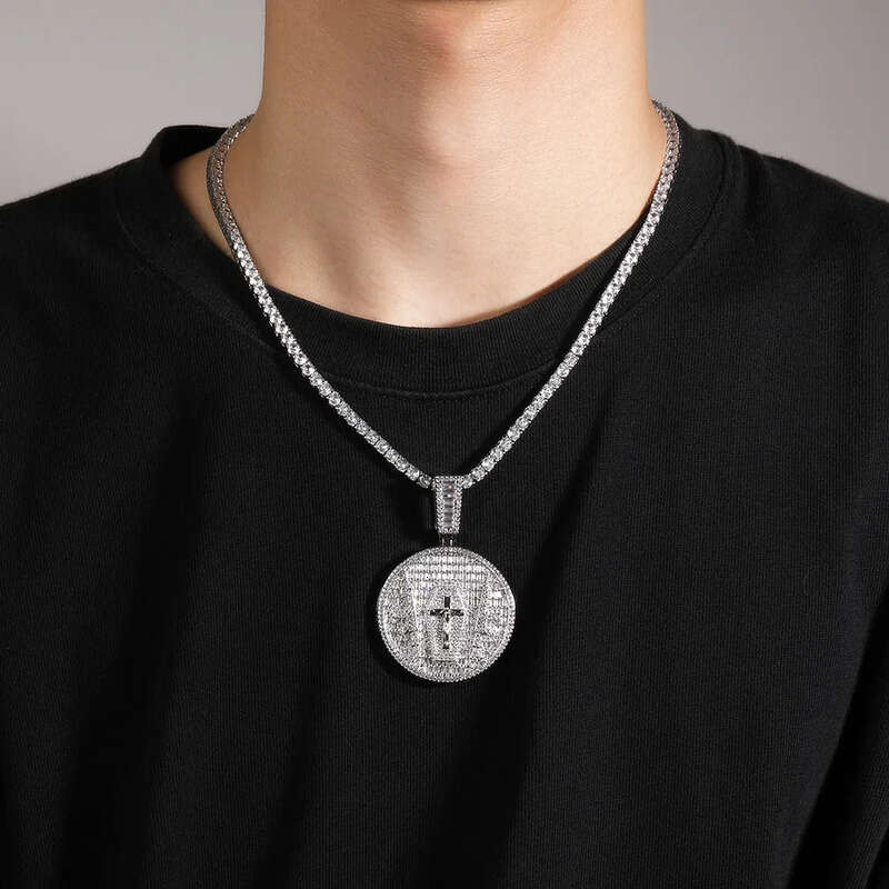 Hip Hop Jesus Cross Pattern Pendants Necklace TopBling White 5A Zircon Religious Jewelry