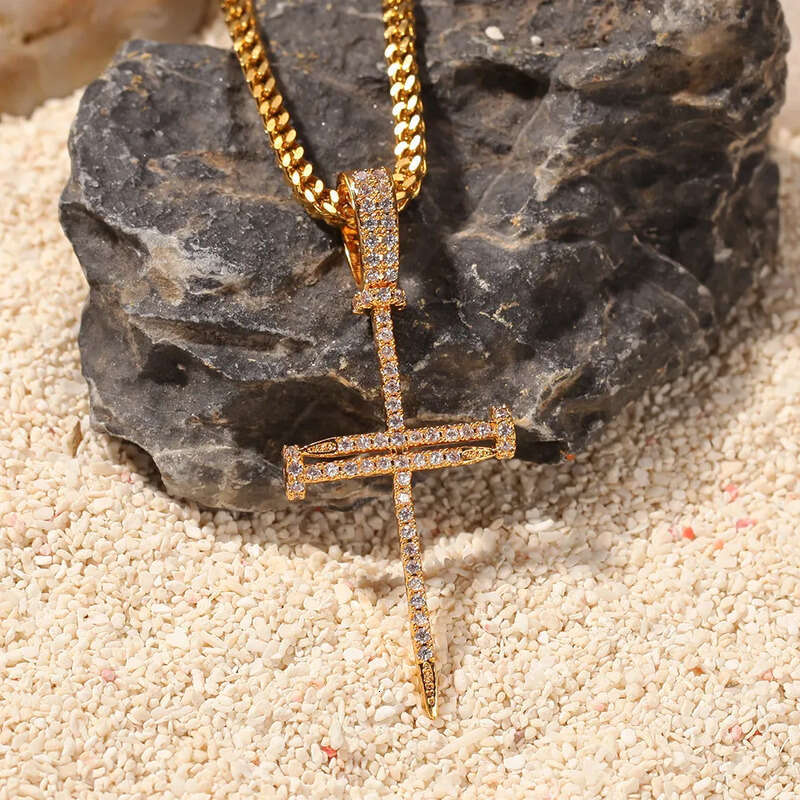 Hip Hop Nail Cross Pendant Necklace TopBling Religious Jewelry Full Cubic Zirconia Real Gold Plated