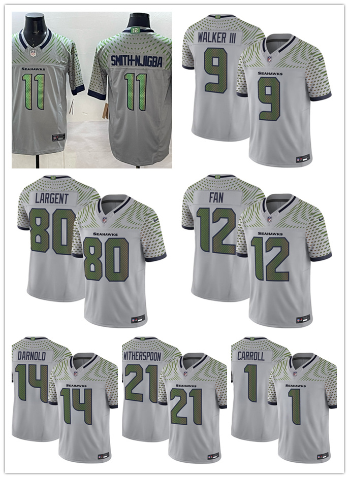 NFL Seahawks Jaxon Smith-Njigba 12s Cooper Kupp Devon Witherspoon Kenneth Walker III Steve Largent Sam Darnold 2025 Rivalries Collection Limited Jersey 5698
