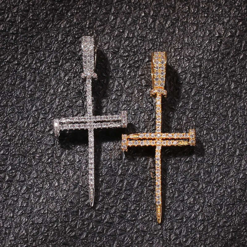 Hip Hop Nail Cross Pendant Necklace TopBling Religious Jewelry Full Cubic Zirconia Real Gold Plated