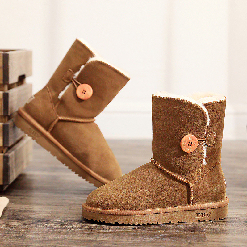 EBV designer shoes hot free shipping High quality cowhide bow snow boots genuine leather keep warm outdoor button cotton shoes for woman