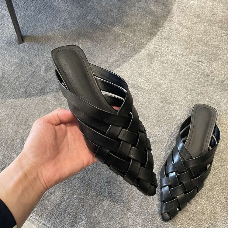 Instant Dispatch Genuine Designer Shoe Leather Pointed Closed Toe Hollow Woven Half Slippers Women Flat Mules Sandals