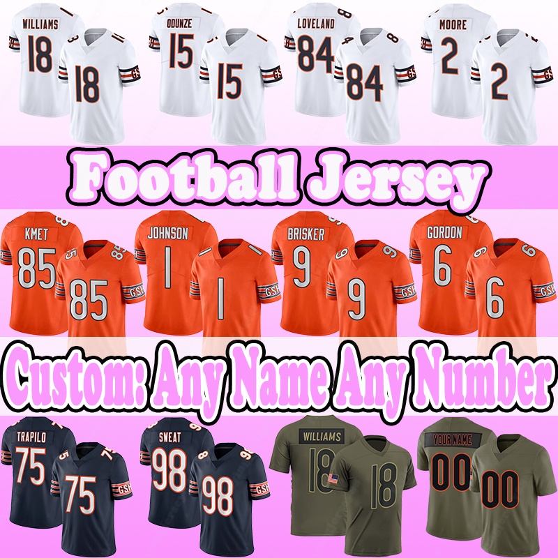 15 Rome Odunze Football Jersey 18 Caleb Williams 84 Colston Loveland 2 D.J. Moore 85 Cole Kmet 1 Jaylon Johnson 9 Jaquan Brisker 6 Kyler Gordon 75 Ozzy Trapilo Montez Sweat