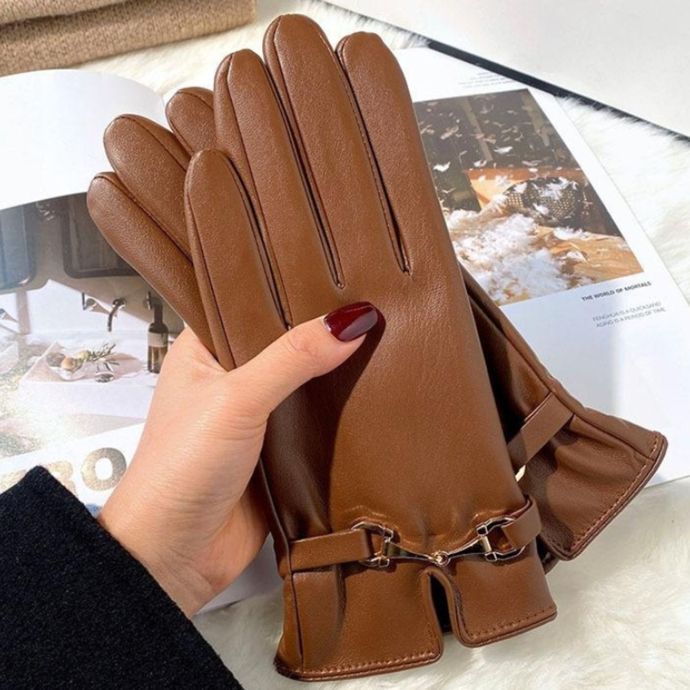 Five Fingers Gloves Women Winter Suede Leather Keep Warm Touch Screen Fashion Elegant Gloves Business Style Lightly Waterproof Metal Buckle Outdoor Sports Five 12A