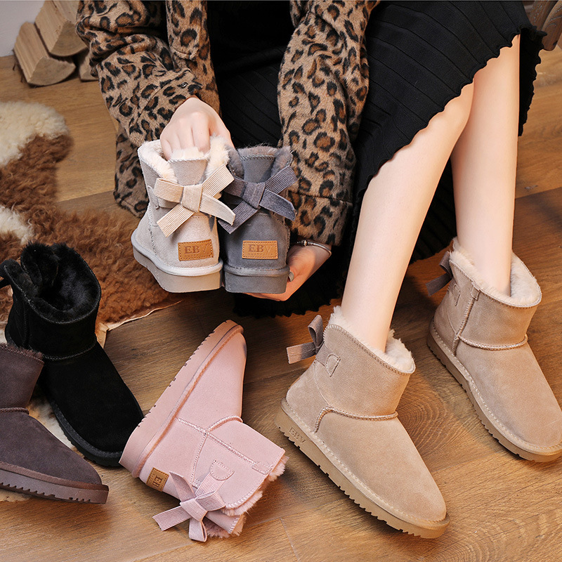 EBV designer shoes hot free shipping High quality cowhide bow snow boots genuine leather keep warm outdoor non slip thick cotton shoes for woman black