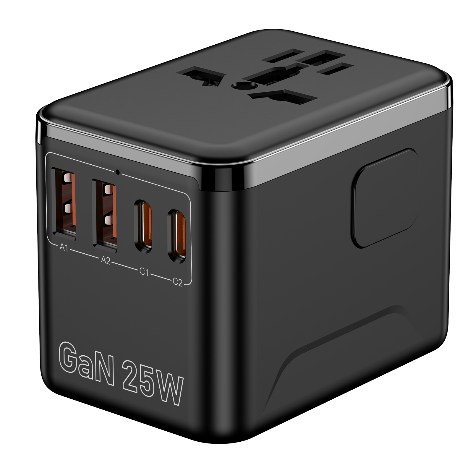 Universal Travel Adapter Fast Charging Travel Plug Adapter for US/EU/UK/AUS Powerful GaN Tech 25W Quick Charge Wall Charger with 2 USB A and 2 USB C O