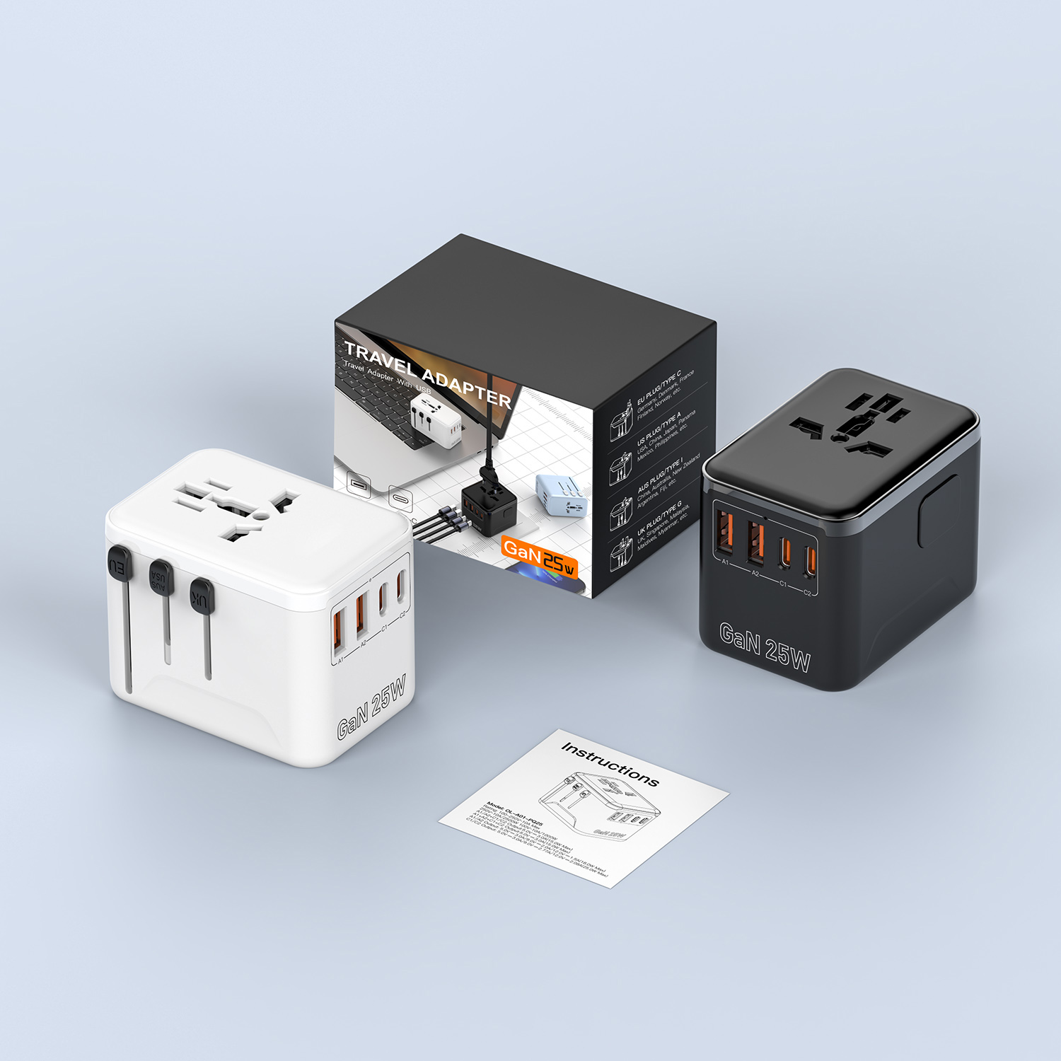 Universal Travel Adapter Fast Charging Travel Plug Adapter for US/EU/UK/AUS Powerful GaN Tech 25W Quick Charge Wall Charger with 2 USB A and 2 USB C O