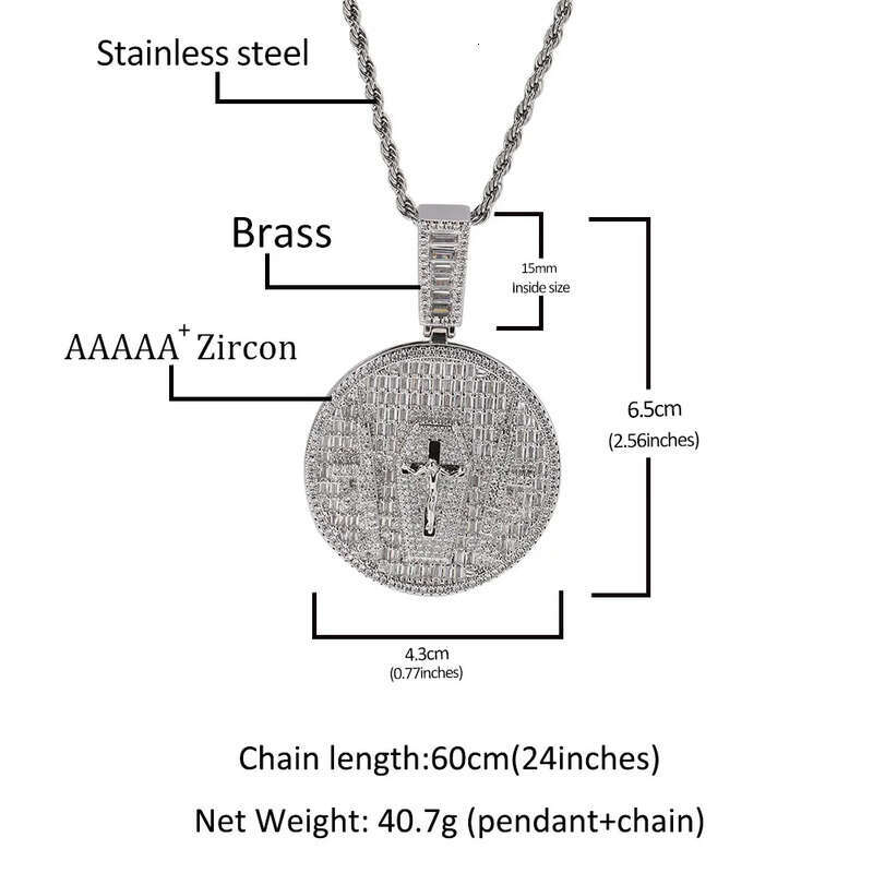 Hip Hop Jesus Cross Pattern Pendants Necklace TopBling White 5A Zircon Religious Jewelry