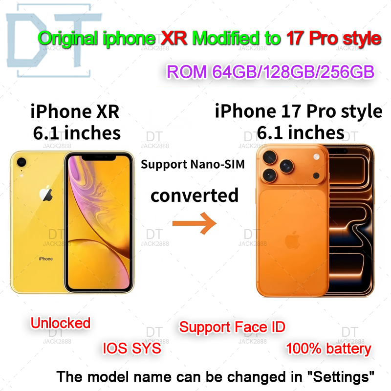 unlocked Apple iPhone XR converted to iPhone 17 Pro style phone 4G LTE 17 Pro original box sealed packaging 3GB RAM+256GB ROM OLED screen battery 100%
