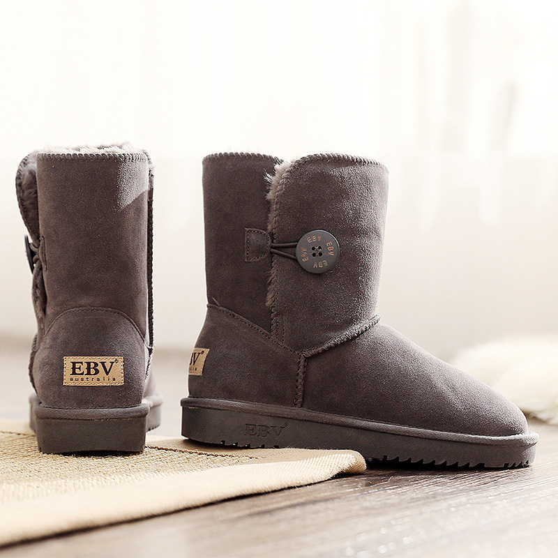 EBV designer shoes hot free shipping High quality cowhide bow snow boots genuine leather keep warm outdoor button cotton shoes for woman